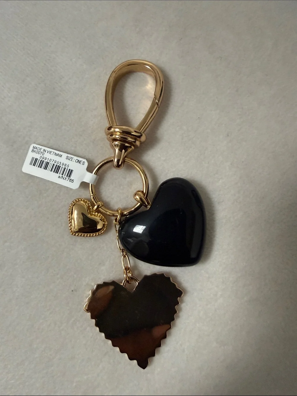 New Madewell Black and Gold Heart Charm Keyring with Blue Accent